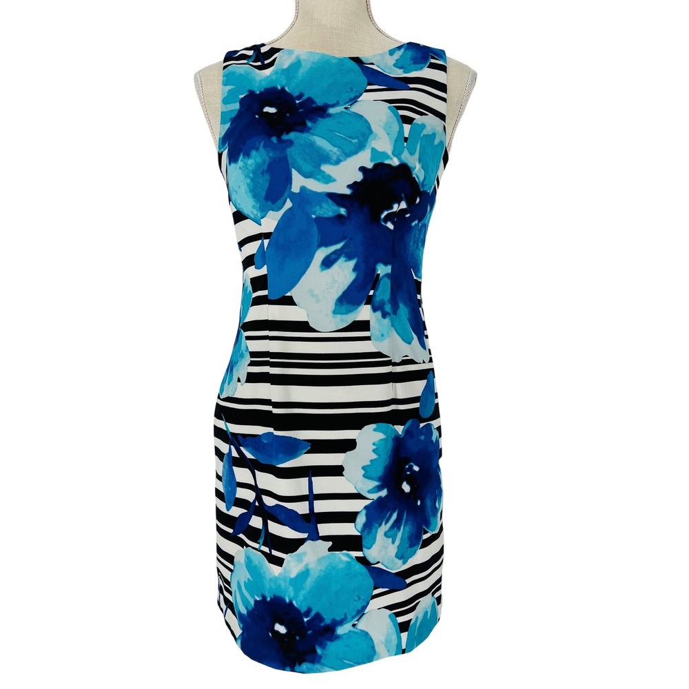 ALYX Sheath Dress Women 2P Blue Floral Striped Sleeveless Career Casual